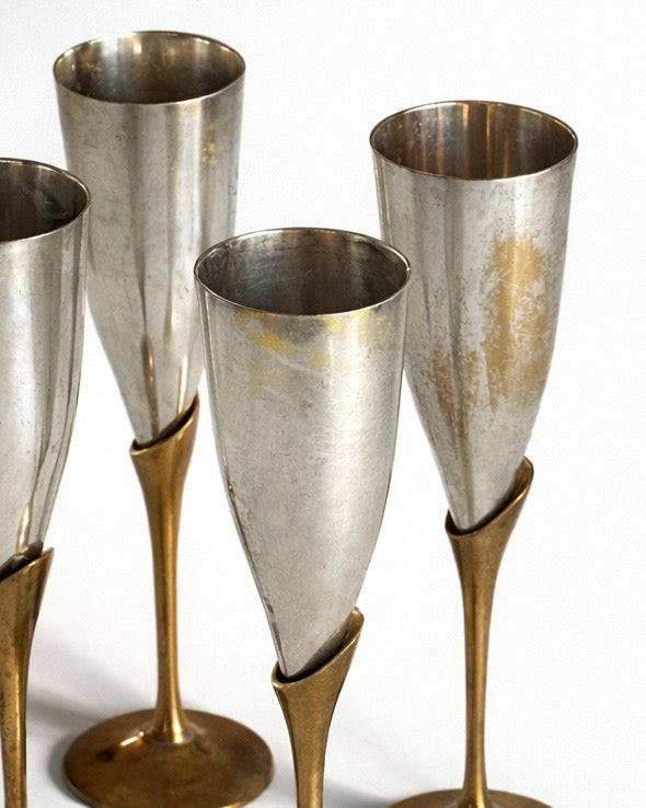 Silver Plated and Brushed Brass Champagne Flutes (set of 4)