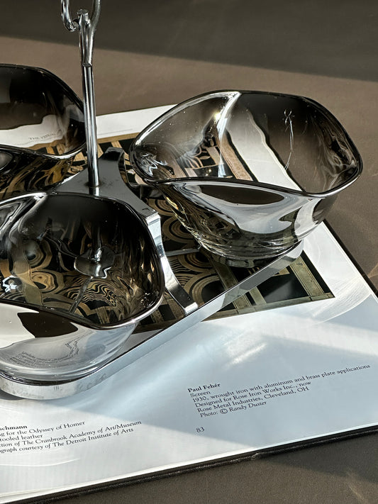 Bols à condiments en verre argenté ombré style années 50 avec support chromé