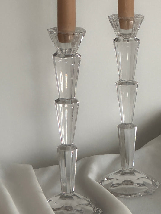 Art Deco Crystal Glass Candle Holder Set