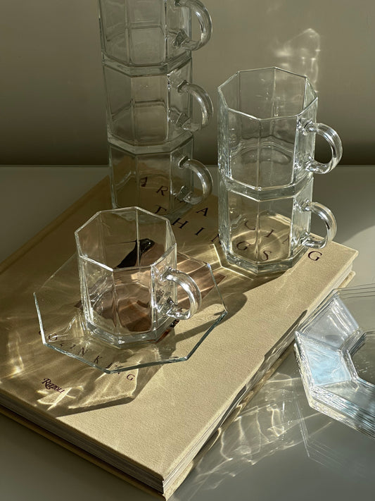 Vintage Arcoroc Octagon Octime clear Coffee cups & Saucers (set of 6)
