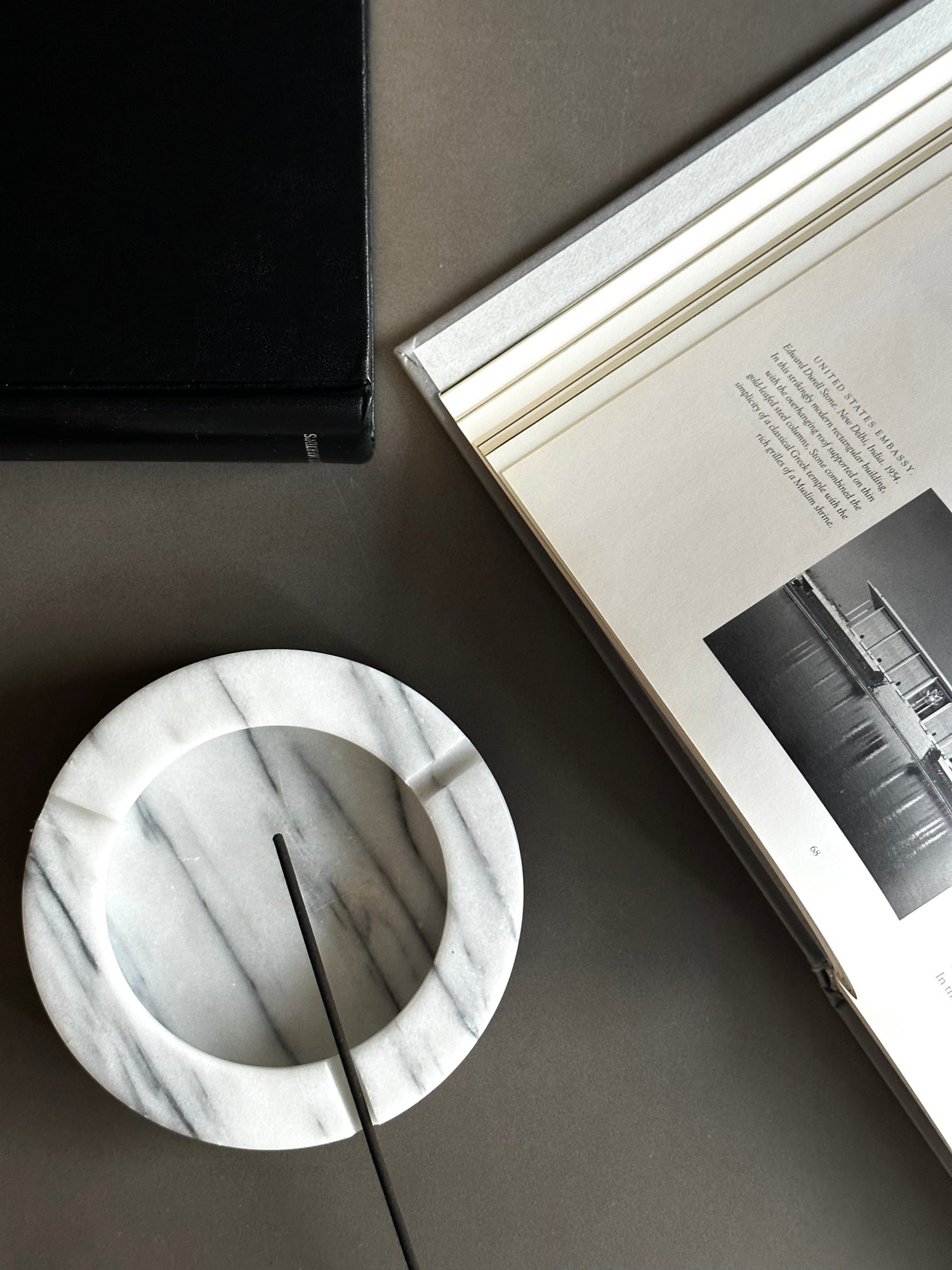 Overhead image of ashtray and books