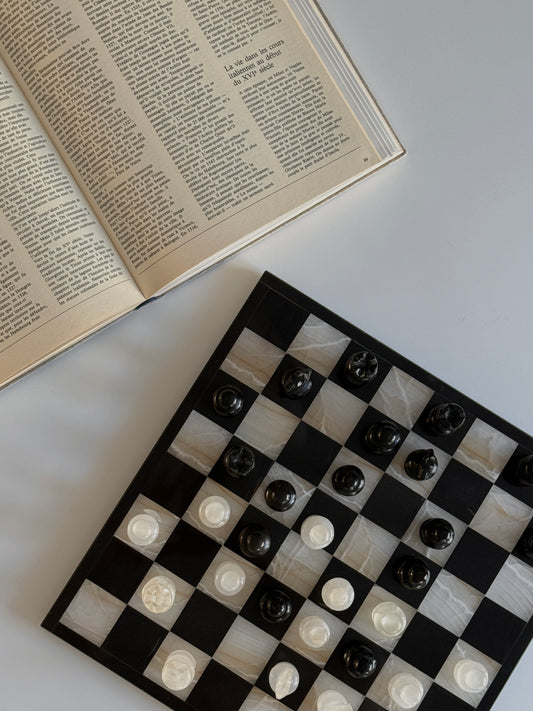 Mid Century Black and White Marble Chess Set