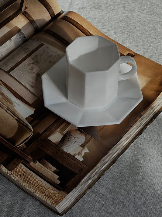Octagonal Glass Coffee Mug and Saucer (Set of 3)