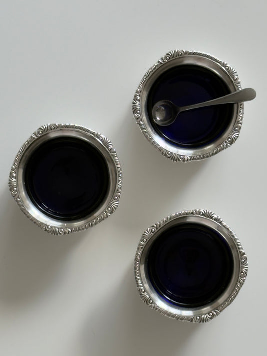 Silver Plated Salt Cellars with Cobalt Blue Glass Liners — Set of 3