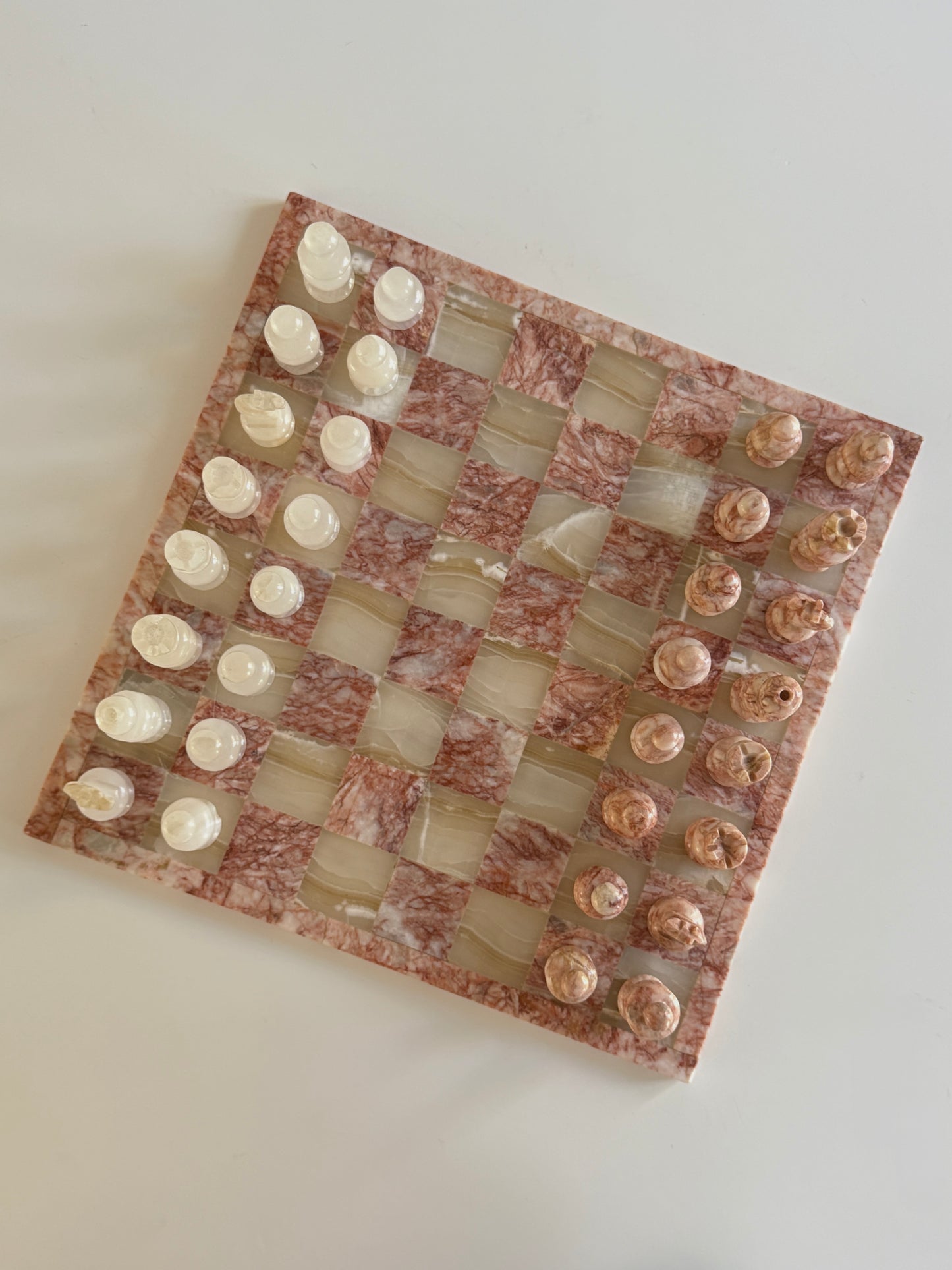 Mid Century White & Pink Marble Chess Set