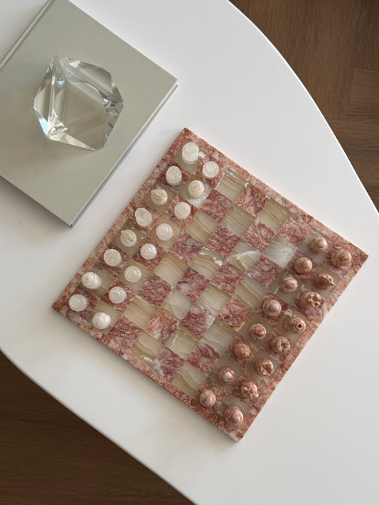 Mid Century White & Pink Marble Chess Set