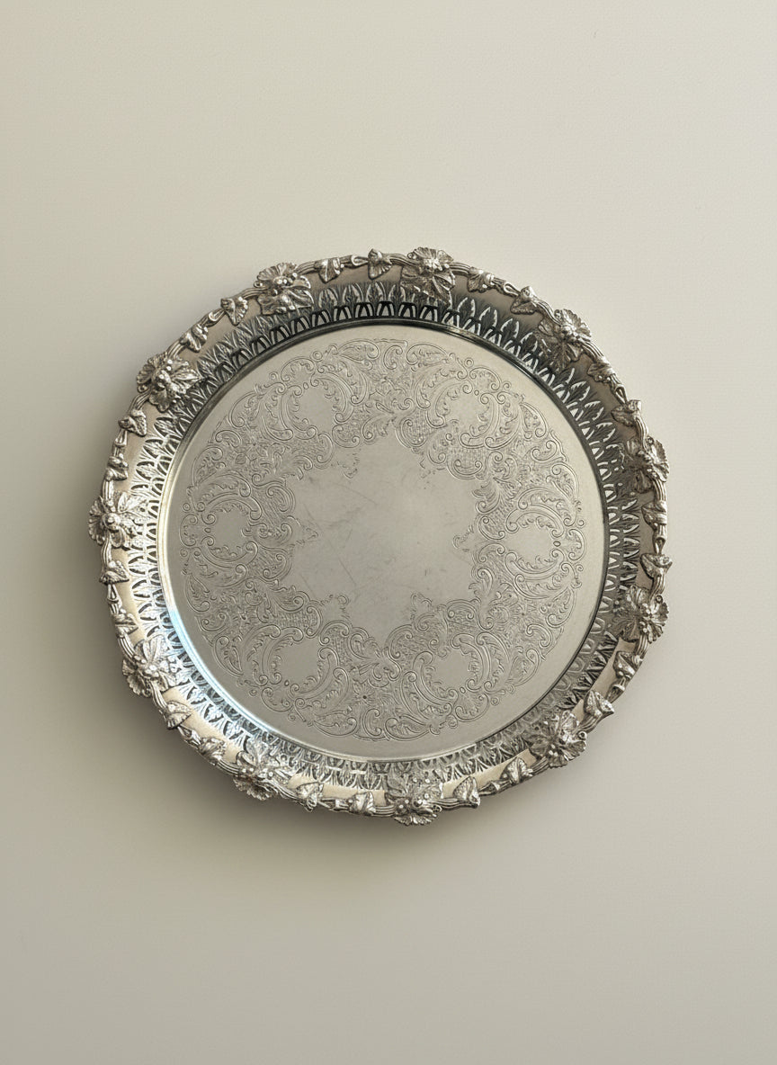 Round Silver Plated Butler Serving Tray 1950s