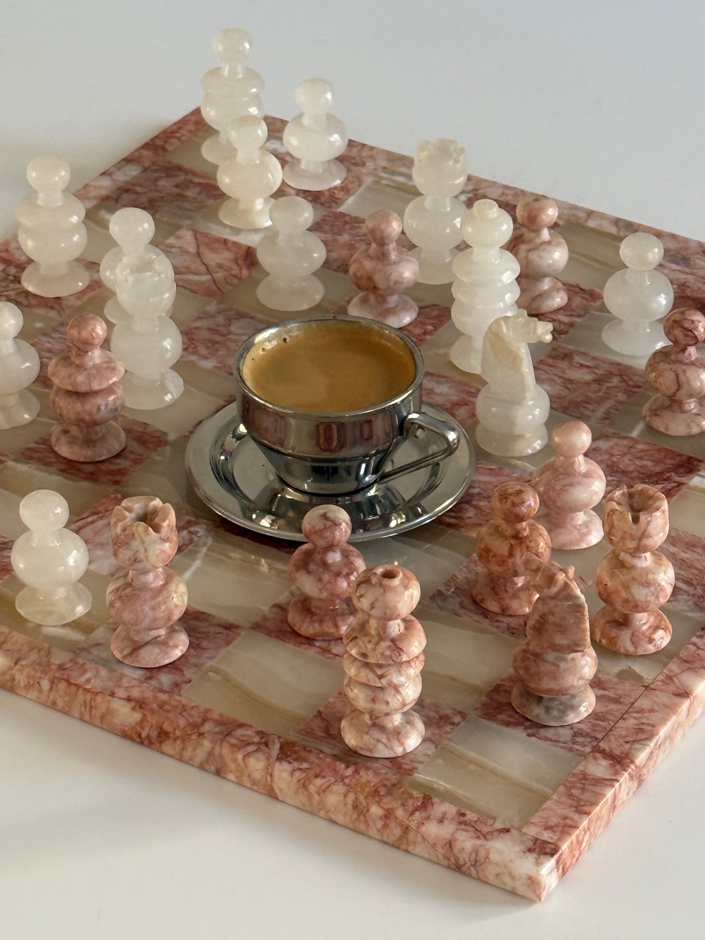 Mid Century White & Pink Marble Chess Set